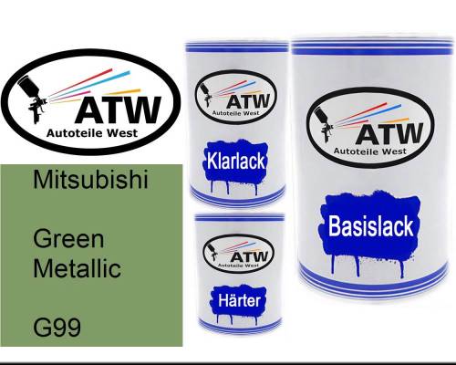 Mitsubishi, Green Metallic, G99: 500ml Lackdose + 500ml Klarlack + 250ml Härter - Set, von ATW Autoteile West.